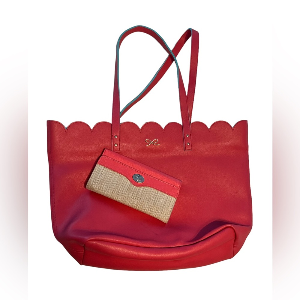 Large bright pink/robins egg blue zip closure tote & matching pink wallet